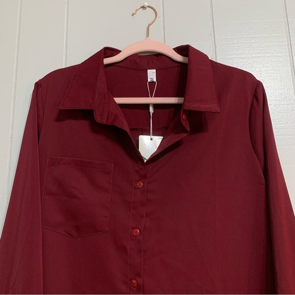 NWT Women’s Whine Red AISEW Button Down Casual V-Neck Longsleeve Collared Blouse - Picture 6 of 8